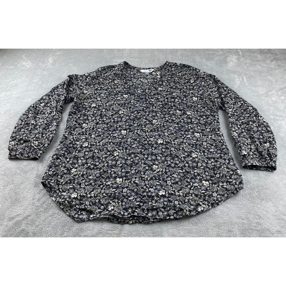 Old Navy Floral Tunic Top XL Long Sleeve Button Cuff Black Gray Womens Blouse